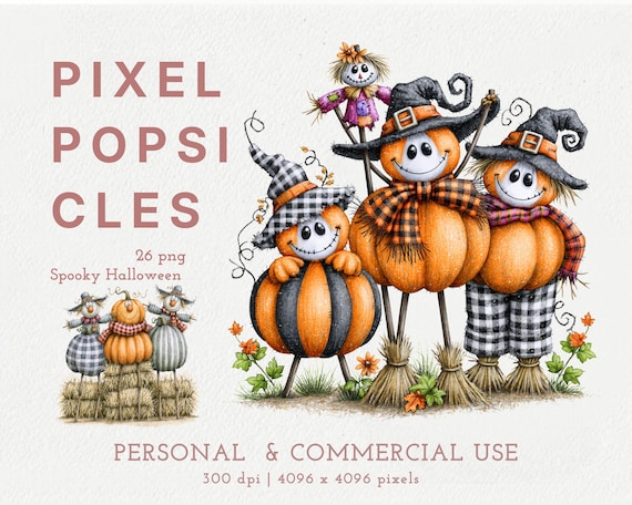 Spooky Halloween Clipart, Cute Pumpkin PNG, Fall Scarecrow Art, Watercolor Witch Pumpkin, Sublimation Design, Digital Download