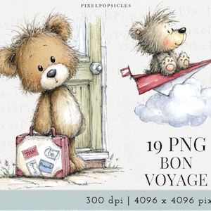 Pode incluir: Ilustração em aquarela de dois ursinhos de pelúcia. Um urso está perto de uma porta com uma mala, o outro voa em um avião de papel. A imagem inclui o texto "19 PNG BON VOYAGE".