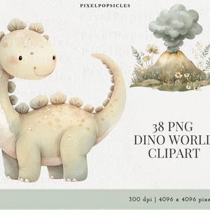 Op de afbeelding: Waterverfillustratie van een vriendelijke dinosaurus en een uitbarstende vulkaan. De dinosaurus is lichtgroen en bruin. De tekst luidt "38 PNG DINO WORLD CLIPART". Neutrale achtergrond.