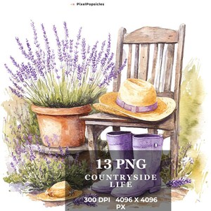 13 illustrazioni di vita di campagna ad acquerello - Scena di fattoria rustica Fiori selvatici, animali, affascinante cottage, download digitale per lavori di artigianato artistico da parete