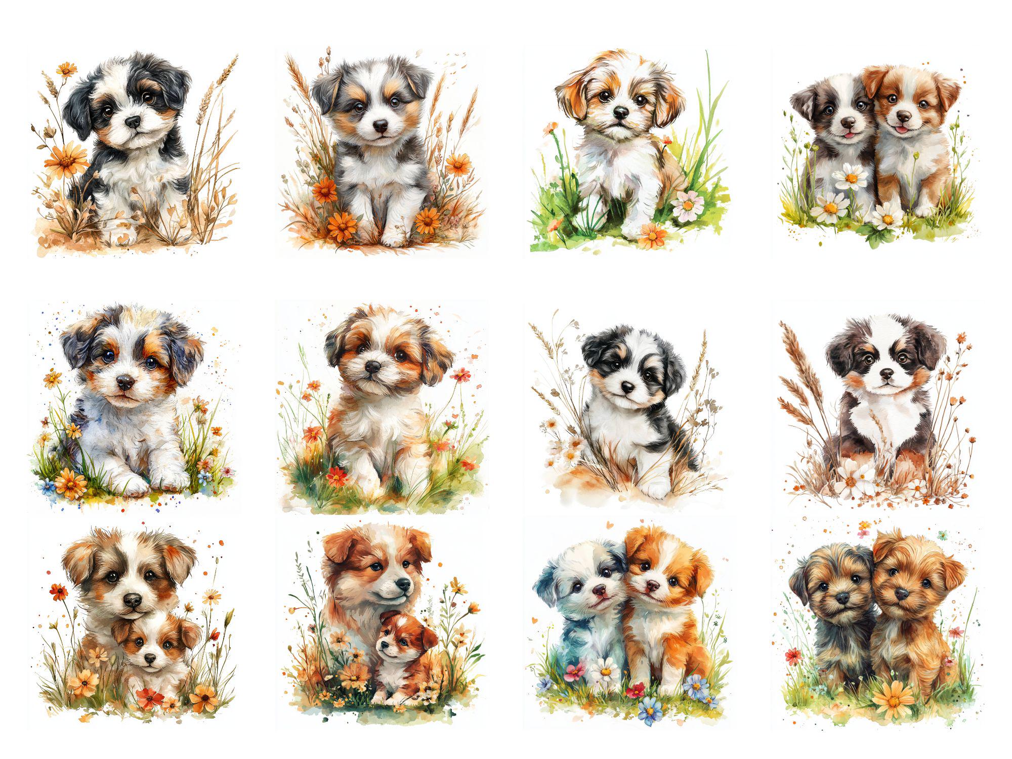 水彩画風の犬と花のクリップアート：花柄の子犬のイラスト（デジタル