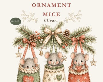 Clipart aquarelle de souris de Noël, décorations de Noël, format PNG à usage commercial