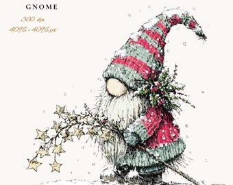 May include: A whimsical Christmas gnome illustration. The gnome wears a red and green striped hat and coat, holding a star-adorned branch and a wooden staff. The image includes the text "26 PNG Christmas Gnome" and "Pixel Popsicles".