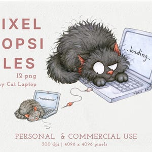 Funny Cat Laptop Clipart, Watercolor Office Humor Graphics (PNG)