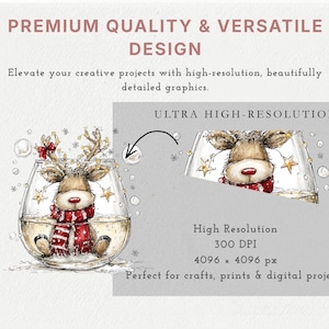Peut inclure: Une illustration graphique num&eacute;rique d'un renne portant une &eacute;charpe rouge dans un bol en verre, d&eacute;cor&eacute; d'&eacute;toiles et de lumi&egrave;res. Le texte inclut PREMIUM QUALITY & VERSATILE DESIGN, ULTRA HIGH-RESOLUTION, High Resolution, 300 DPI, 4096 x 4096 px.