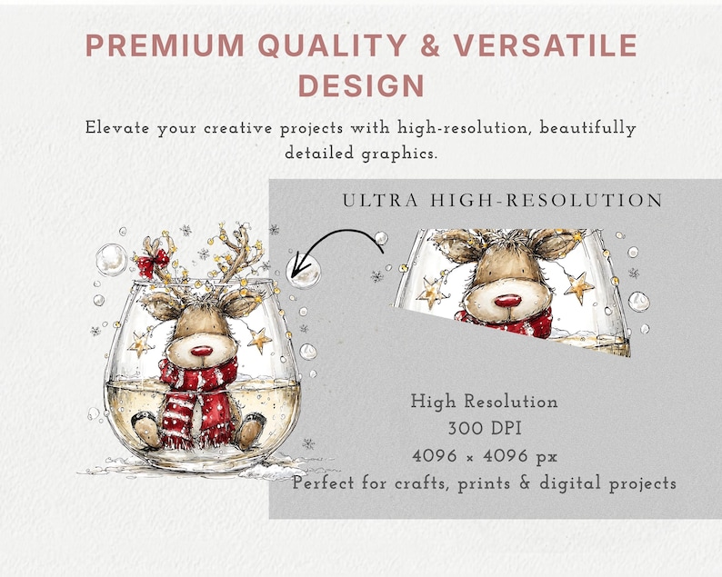 Peut inclure: Une illustration graphique num&eacute;rique d'un renne portant une &eacute;charpe rouge dans un bol en verre, d&eacute;cor&eacute; d'&eacute;toiles et de lumi&egrave;res. Le texte inclut PREMIUM QUALITY & VERSATILE DESIGN, ULTRA HIGH-RESOLUTION, High Resolution, 300 DPI, 4096 x 4096 px.