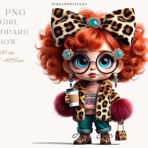 Clipart di ragazza: illustrazione di moda con fiocco leopardato, download digitale - Stampa artistica per capelli di tendenza