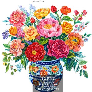 12 Vibrant Watercolor Flowers Clipart - Bold Floral Digital Art, High-Resolution Cards, Invitations Crafts Commercial Use, Instant Download