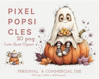 Clipart di fantasma ad acquerello in formato PNG, grafica per bambini di Halloween, zucca, scrapbooking digitale per uso commerciale