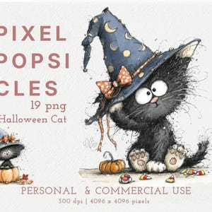 Puede incluir: Una ilustración digital de un gato negro esponjoso con un sombrero de bruja azul con lunas crecientes amarillas y un lazo naranja de lunares. El gato está sentado junto a una pequeña calabaza naranja y dulces. Texto PIXEL POPSICLES 19 png Halloween Cat.
