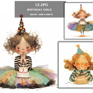 Clipart eigenzinnige meisjes met verjaardagshoedje – Kleurrijke grillige jpg-bundel, leuke digitale kunst voor kaarten, stickers, sublimatie en print on demand