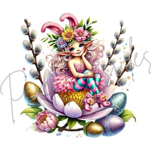 Easter Elves Watercolor Clipart: Spring Flowers, Eggs PNG (commercial ...