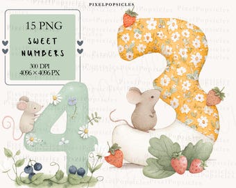 Conjunto de imágenes prediseñadas de números con ratones adorables, 15 PNG, invitación de cumpleaños infantil en acuarela, obra de arte hecha a mano