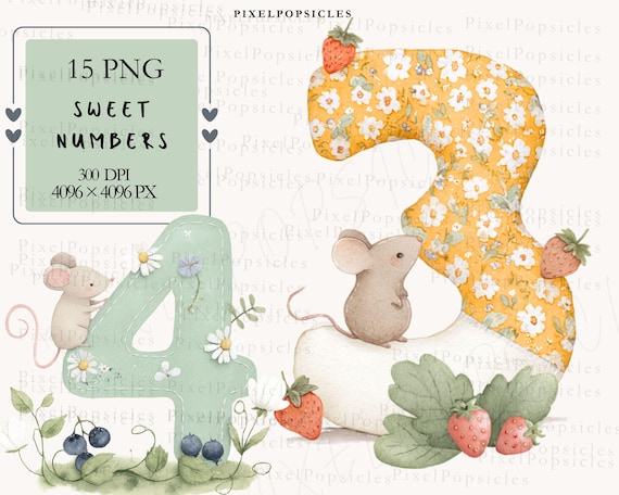 Sweet Mouse Numbers Clipart Set, 15 PNG, Watercolor  Nursery Birthday Invitation, Handcrafted Artwork