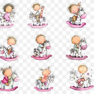 May include: A collection of watercolor illustrations featuring children riding rocking horses. Each child is depicted with soft features and is dressed in various outfits. The rocking horses are white with pink accents and sit on pink rockers. The overall theme is whimsical and childlike.