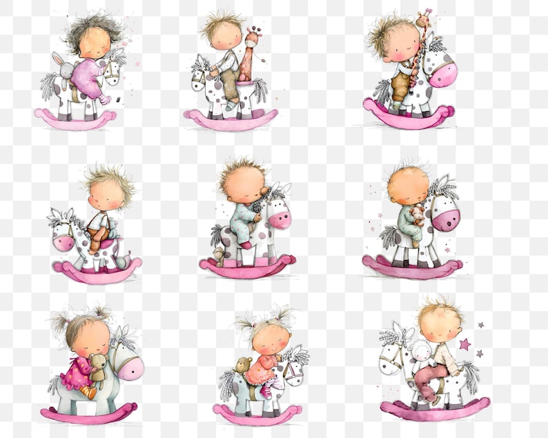 May include: A collection of watercolor illustrations featuring children riding rocking horses. Each child is depicted with soft features and is dressed in various outfits. The rocking horses are white with pink accents and sit on pink rockers. The overall theme is whimsical and childlike.