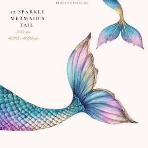 Mermaid Tail Digital PNG | Glitter Watercolor Sea Creature Clipart for Scrapbooking & Party Decor