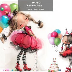Quirky Girls JPG – Sweet Ballons Whimsical Digital Art, Cute Fashion Illustration for Cards, Wall Art, Stickers, Sublimation & POD