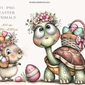 Könnte beinhalten: Aquarellillustration von Ostertieren, darunter eine Schildkröte und ein Hamster, die jeweils Körbe mit dekorierten Ostereiern tragen. Die Schildkröte trägt einen Blumenkranz und der Hamster hat eine rosa Schleife. Der Text "23 PNG Easter Animals" ist enthalten.