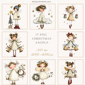 May include: A collection of 17 PNG Christmas angel illustrations. Each angel is depicted in a whimsical style, with soft colors and delicate details. The angels are adorned with bells, stars, and festive attire, perfect for holiday-themed projects.