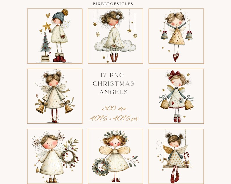 May include: A collection of 17 PNG Christmas angel illustrations. Each angel is depicted in a whimsical style, with soft colors and delicate details. The angels are adorned with bells, stars, and festive attire, perfect for holiday-themed projects.