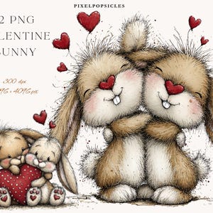 May include: Illustration of three cartoon bunnies with heart-shaped noses and red heart balloons. The bunnies are hugging and holding a heart. Text reads "22 PNG VALENTINE BUNNY".