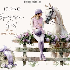 Könnte beinhalten: Aquarellillustration zum Thema Reiten. Eine Frau in Reitkleidung sitzt auf einem Holzzaun neben einem weißen Pferd. Das Bild enthält einen Heuballen mit lila Band und den Text "Equestrian Girl".