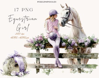 May include: Watercolor illustration of an equestrian theme. A woman in riding attire sits on a wooden fence next to a white horse. The image includes a hay bale with a purple ribbon and text that reads "Equestrian Girl".