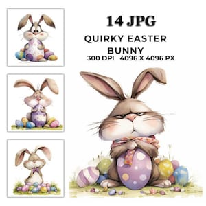 Quirky Bunnies with Eggs Clipart – Adorable Easter JPG Bundle, Whimsical Rabbit Digital Art for Cards, Stickers, Sublimation & POD