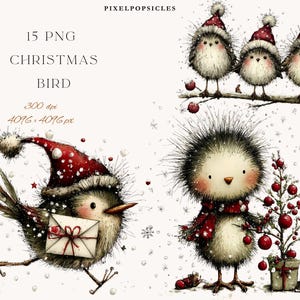 Op de afbeelding: Waterverfillustratie met vier grillige vogels. Drie vogels dragen kerstmutsen en zitten op een tak. Een andere vogel houdt een kerstboom en een cadeau vast. De tekst "15 PNG CHRISTMAS BIRD" is inbegrepen.