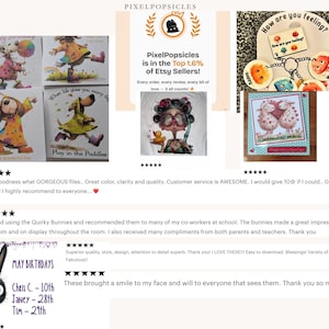 May include: A collage of whimsical art prints and accessories. The prints feature illustrated dogs in rain gear, a sheep-themed card, and a "How are you feeling?" keychain. The shop's logo and customer reviews are also displayed.