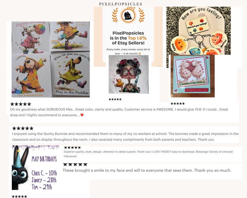 May include: A collage of whimsical art prints and accessories. The prints feature illustrated dogs in rain gear, a sheep-themed card, and a "How are you feeling?" keychain. The shop's logo and customer reviews are also displayed.