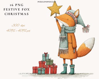 May include: A whimsical illustration of a fox dressed for winter, holding a golden star. The fox wears a blue hat, scarf, and boots, standing near a stack of wrapped gifts. Text reads "16 PNG Festive Fox Christmas".