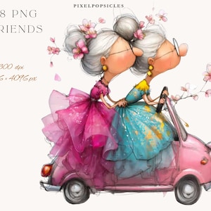 May include: Watercolor illustration of two elderly women in a pink car, kissing. They wear colorful dresses and have gray hair with floral accents. The car is pink, and the image includes the text "18 PNG FRIENDS".
