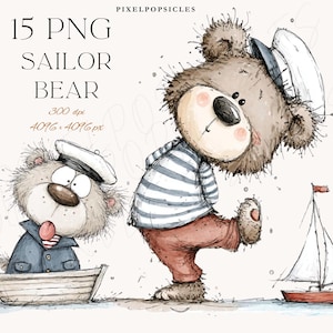 Puede incluir: Ilustración en acuarela de dos osos marineros. Uno está en un bote y el otro camina con un velero al fondo. La imagen incluye el texto "15 PNG SAILOR BEAR".