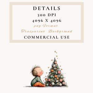 Puede incluir: Ilustraci&oacute;n en acuarela de un beb&eacute; mirando un &aacute;rbol de Navidad decorado. El &aacute;rbol est&aacute; adornado con adornos y estrellas. La imagen incluye el texto: "DETAILS", "300 DPI", "4096 X 4096", "png Format", "Transparent Background" y "COMMERCIAL USE".