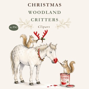 Puede incluir: Ilustración digital de un caballo blanco con manchas grises y collar de cascabeles, una ardilla sobre su lomo sosteniendo astas rojas y otra ardilla pintando la nariz del caballo de rojo con un bote que dice RED NOSE PAINT. Texto: CHRISTMAS WOODLAND CRITTERS Clipart.