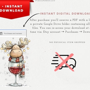 Peut inclure: Une illustration num&eacute;rique d'un &eacute;lan de dessin anim&eacute; portant une &eacute;charpe rouge et blanche, debout dans un grand verre &agrave; vin rempli de liquide rouge. L'image contient du texte indiquant INSTANT DOWNLOAD, NO PHYSICAL ITEM SHIPPED et des instructions.