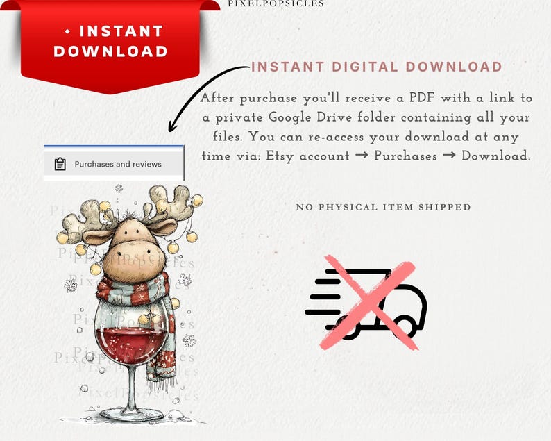 Peut inclure: Une illustration num&eacute;rique d'un &eacute;lan de dessin anim&eacute; portant une &eacute;charpe rouge et blanche, debout dans un grand verre &agrave; vin rempli de liquide rouge. L'image contient du texte indiquant INSTANT DOWNLOAD, NO PHYSICAL ITEM SHIPPED et des instructions.