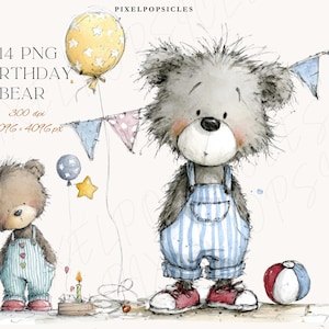 May include: Watercolor illustration featuring two teddy bears in overalls, balloons, and a birthday cake. The larger bear wears blue and white striped overalls and red shoes. A yellow balloon with white stars floats above. The text "14 PNG BIRTHDAY BEAR" is visible.