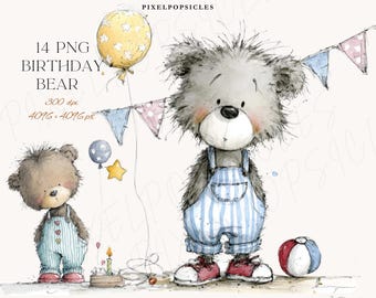Watercolor Teddy Bear Clipart: 14 PNG Images for Scrapbooking, Gift Tags (Digital Download