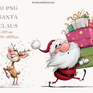 Peut inclure: Illustration fantaisiste du Père Noël portant des cadeaux et d'un renne sautant joyeusement. Le texte « 10 PNG SANTA CLAUS 300 dpi 4096 x 4096 px » est visible. L'image utilise des couleurs vives : rouge, vert, rose et blanc.
