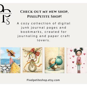 Op de afbeelding: Een digitale collectie van junk journal pagina's en bladwijzers van PixelPetite Shop. De afbeelding toont vier illustraties: een persoon aan zee, een konijn met een rode strik, een egel met een blauwe kerstbal en een persoon omringd door roze hartjes.