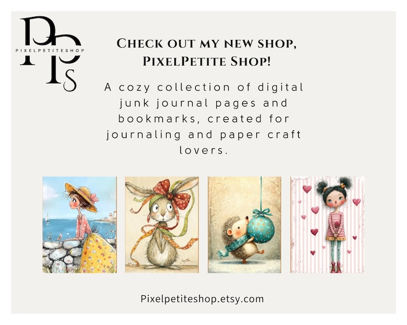 Op de afbeelding: Een digitale collectie van junk journal pagina's en bladwijzers van PixelPetite Shop. De afbeelding toont vier illustraties: een persoon aan zee, een konijn met een rode strik, een egel met een blauwe kerstbal en een persoon omringd door roze hartjes.