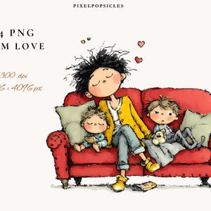 Puede incluir: Una ilustración digital titulada "Mom Love" muestra a una madre y dos niños en un sofá rojo. La madre lleva una chaqueta amarilla y los niños están en pijama. La imagen incluye el texto: "24 PNG Mom Love, 300 dpi, 4096 x 4096 px."