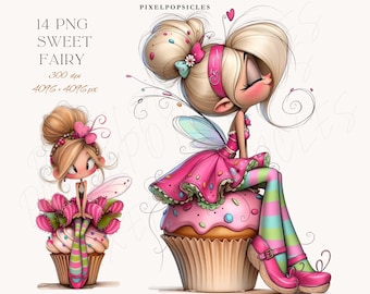 Puede incluir: Ilustración digital de dos hadas dulces. Un hada está sentada encima de una magdalena, con un vestido rosa y leggings a rayas. La otra hada también está en una magdalena, con un atuendo similar. Incluye el texto "14 PNG SWEET FAIRY 300 dpi 4096 x 4096 px".