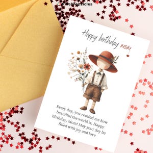 Cartão de Feliz Aniversário para Mãe 5x7 para Imprimir, Cartões Elegantes de Presente de Aniversário para Mãe de Filho e Filha, Download Digital Instantâneo, Faça Você Mesmo, Coração