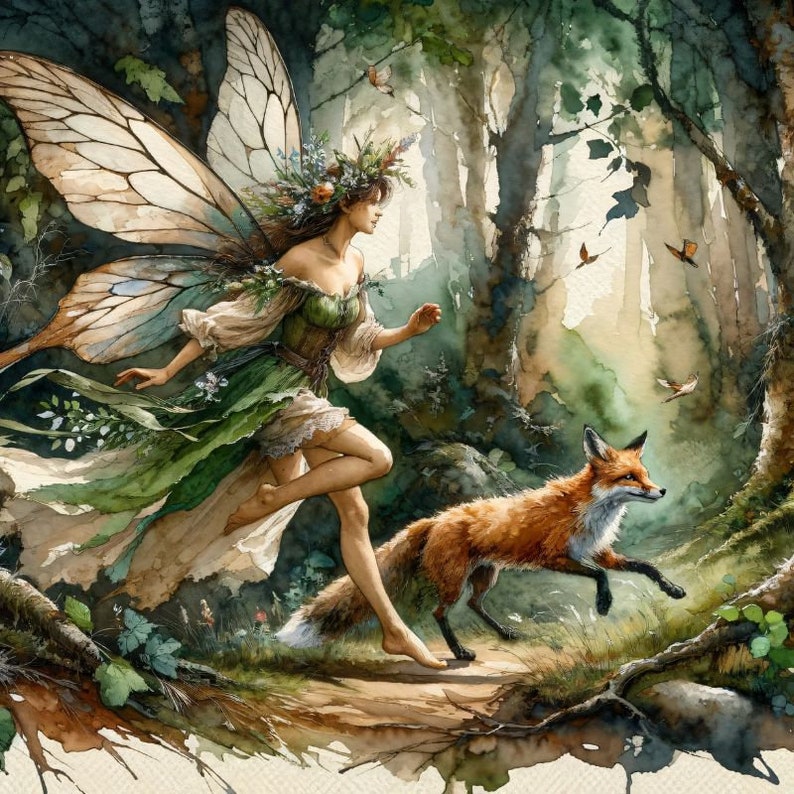 May include: A fairy with large, iridescent wings flies through a lush green forest. She wears a green dress and has long, flowing hair. A red fox runs beside her.