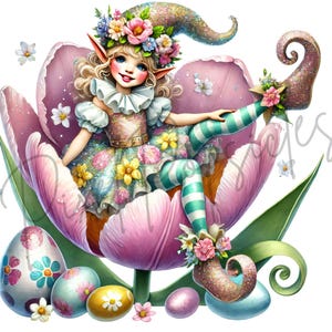 Easter Elves Watercolor Clipart: Spring Flowers, Eggs PNG (commercial ...