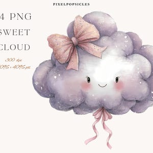 Puede incluir: Ilustración en acuarela de una dulce nube con una cara sonriente, mejillas sonrojadas y un lazo rosa. La nube es de color púrpura suave con acentos blancos y el texto "14 PNG SWEET CLOUD".